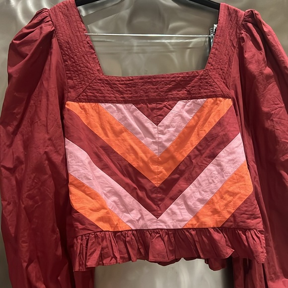 Anthropologie Love the Label Puff Sleeve Maroon Corset Chevron Detail Sz S - Picture 5 of 12